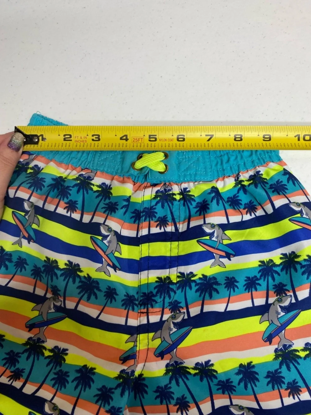Shark swim trunks boys size 4 colorful surf vibrant beach palm tree